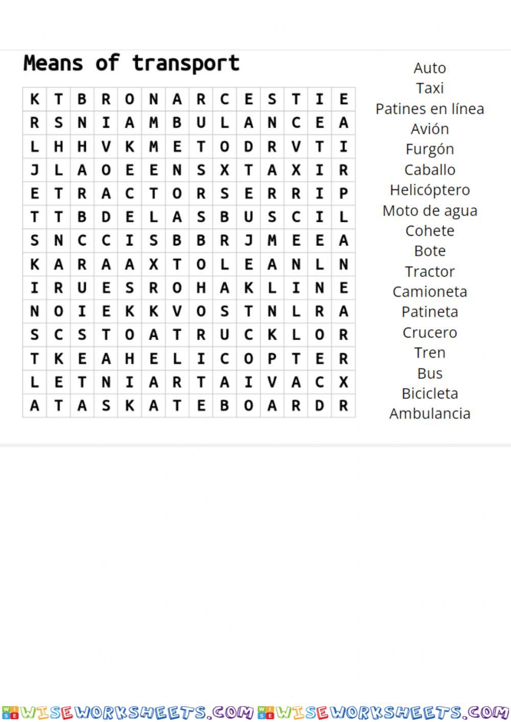 Means of transport wordsearch