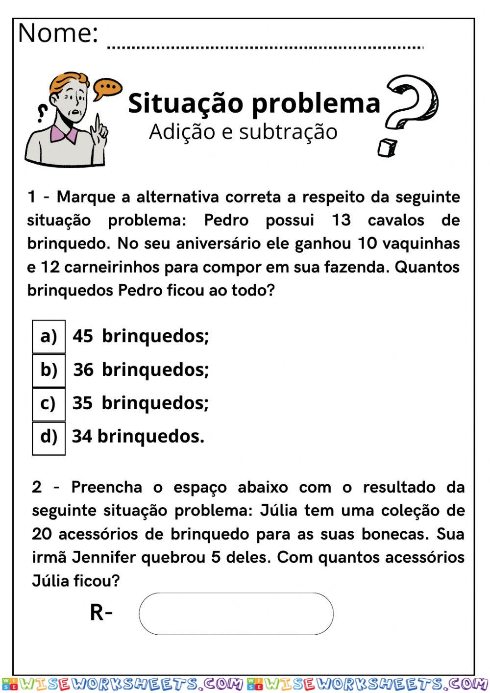 Situação problema: adição e subtração