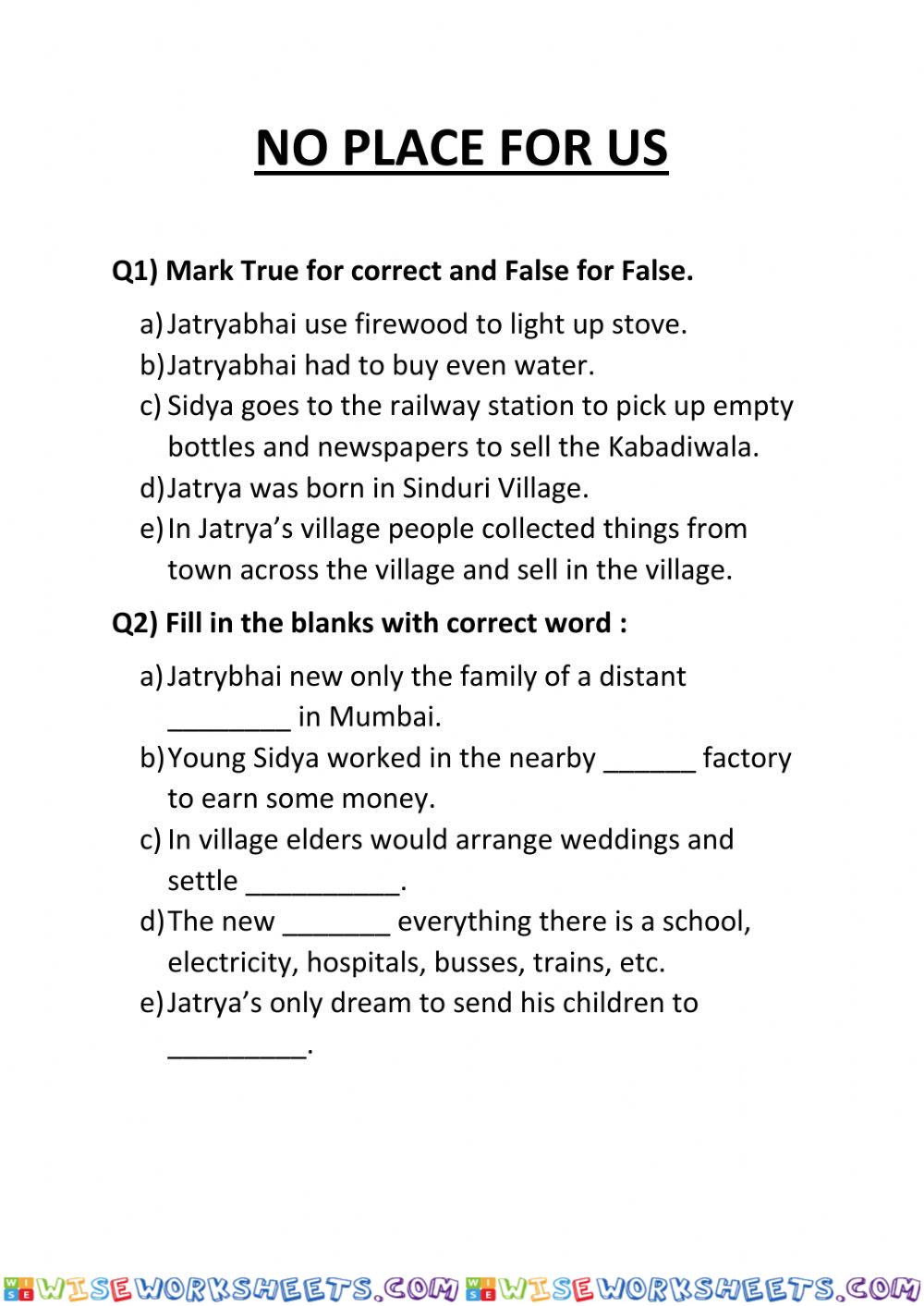 No place for us - worksheet