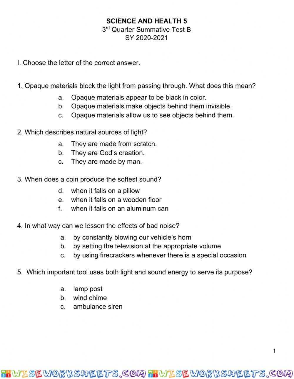 Science 5 3rd Qtr Summative Test B