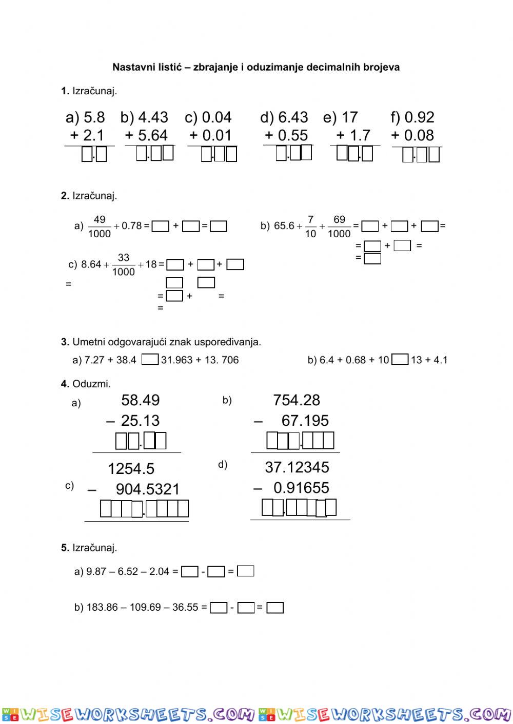 Nastavni listić - Zbrajanje i oduzimanje decimalnih brojeva
