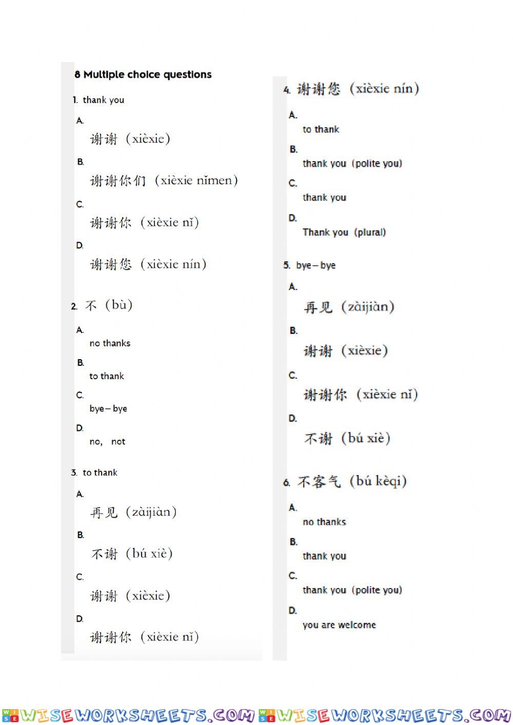 HSK 1 Lesson 2 worksheets (e)