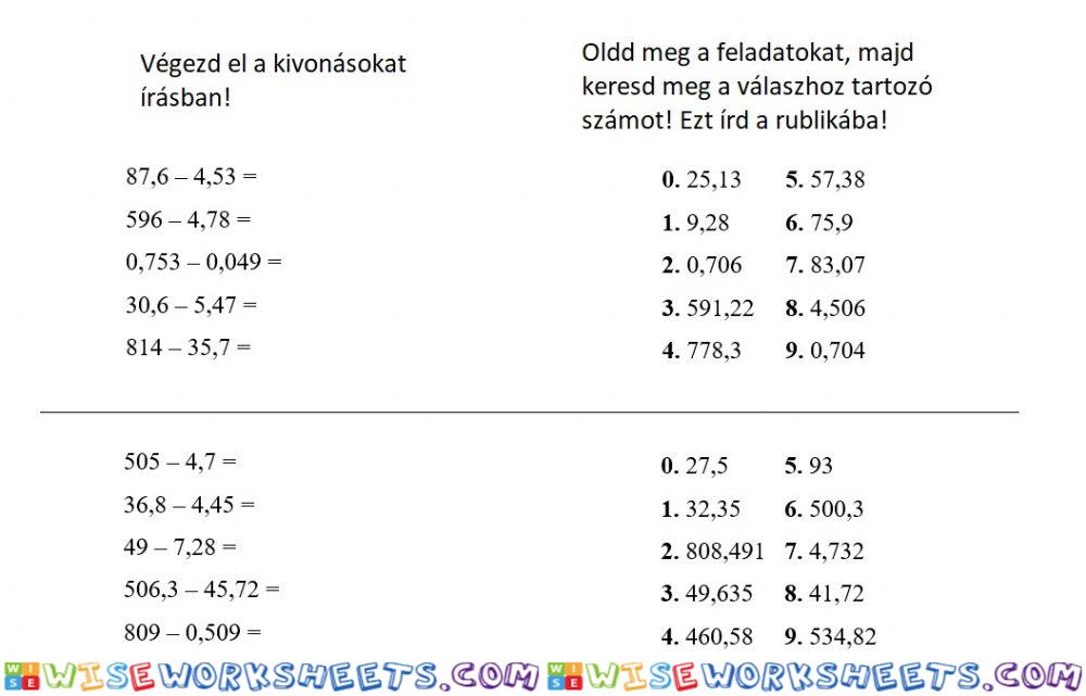 Tizedes törtek kivonása