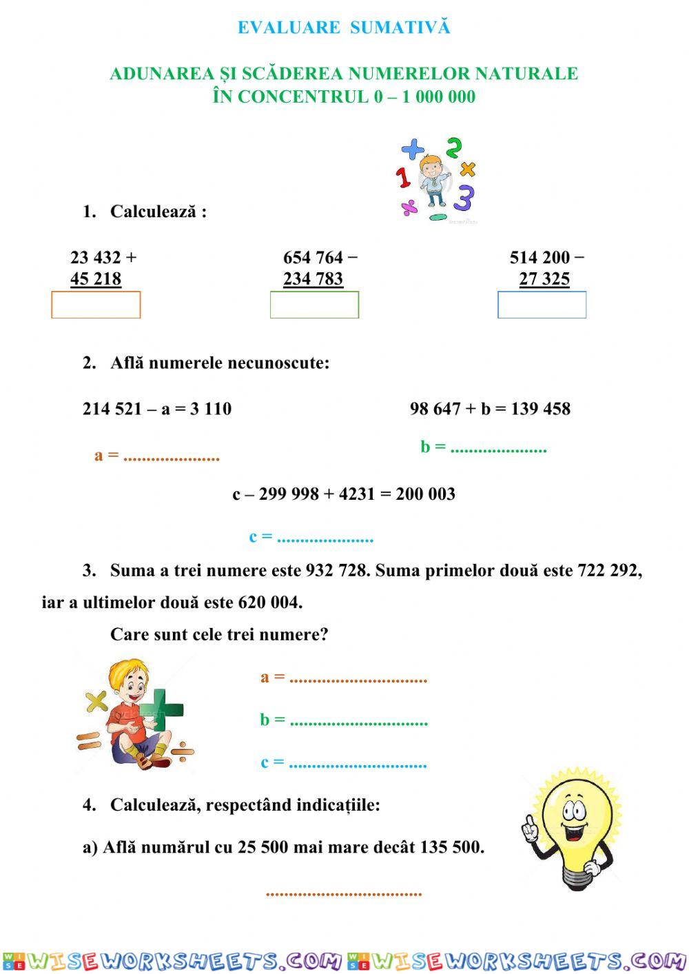 EVALUARE: ADUNAREA ȘI SCĂDEREA NUMERELOR NATURALE ÎN CONCENTRUL 0 - 1 000 000