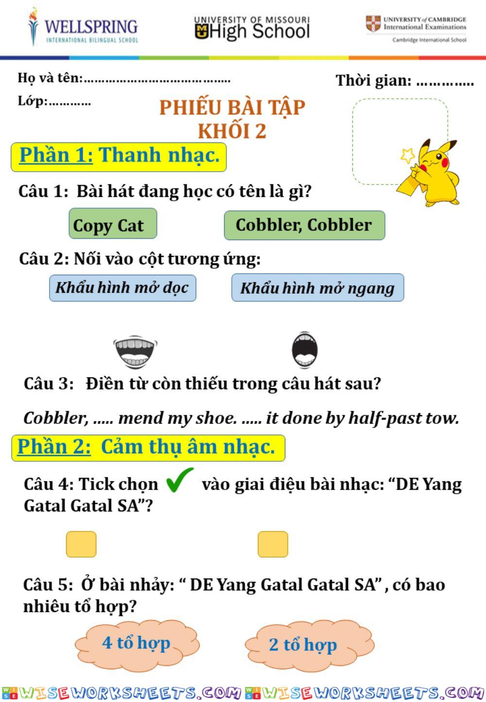 Phiếu bài tập Thanh nhạc và Cảm thụ âm nhạc lớp 2