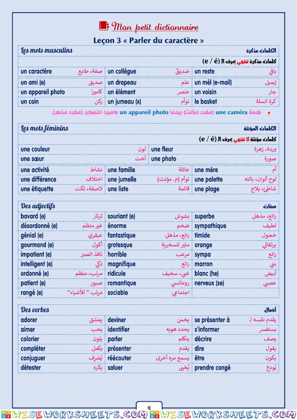 Mon petit dictionnaire première année secondaire Unité 1 Leçon 3 « Parler du caractère »