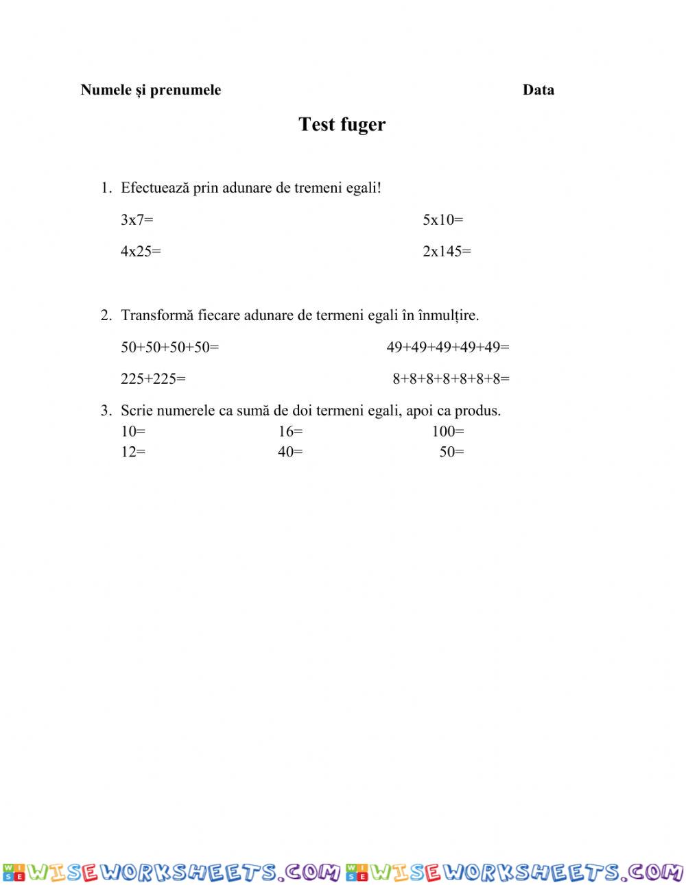 Test fulger - Adunare repetata de termeni egali