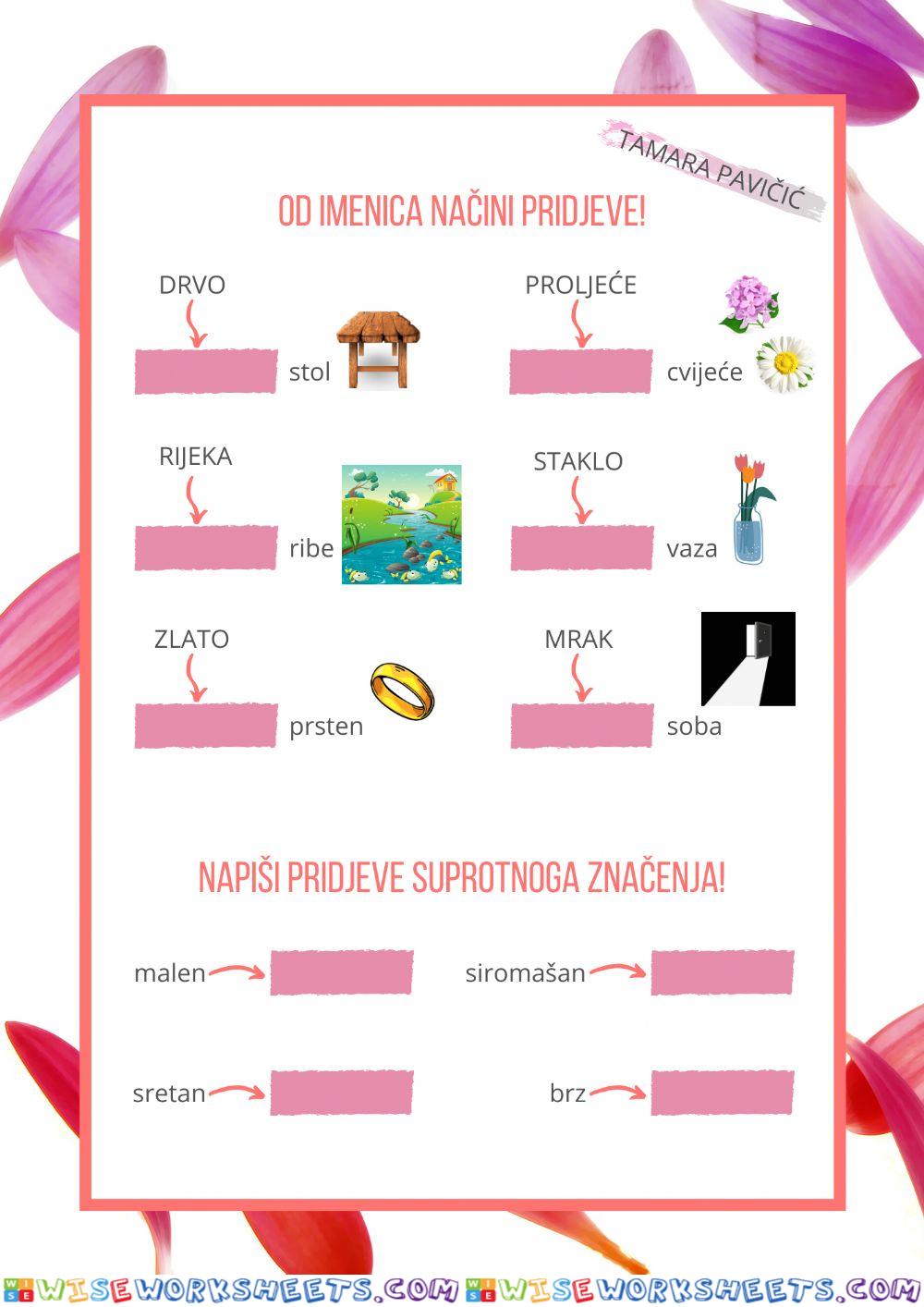 Pridjevi nastali od imenica, pridjevi suprotna značenja