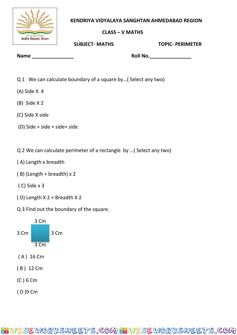Worksheet class V Maths