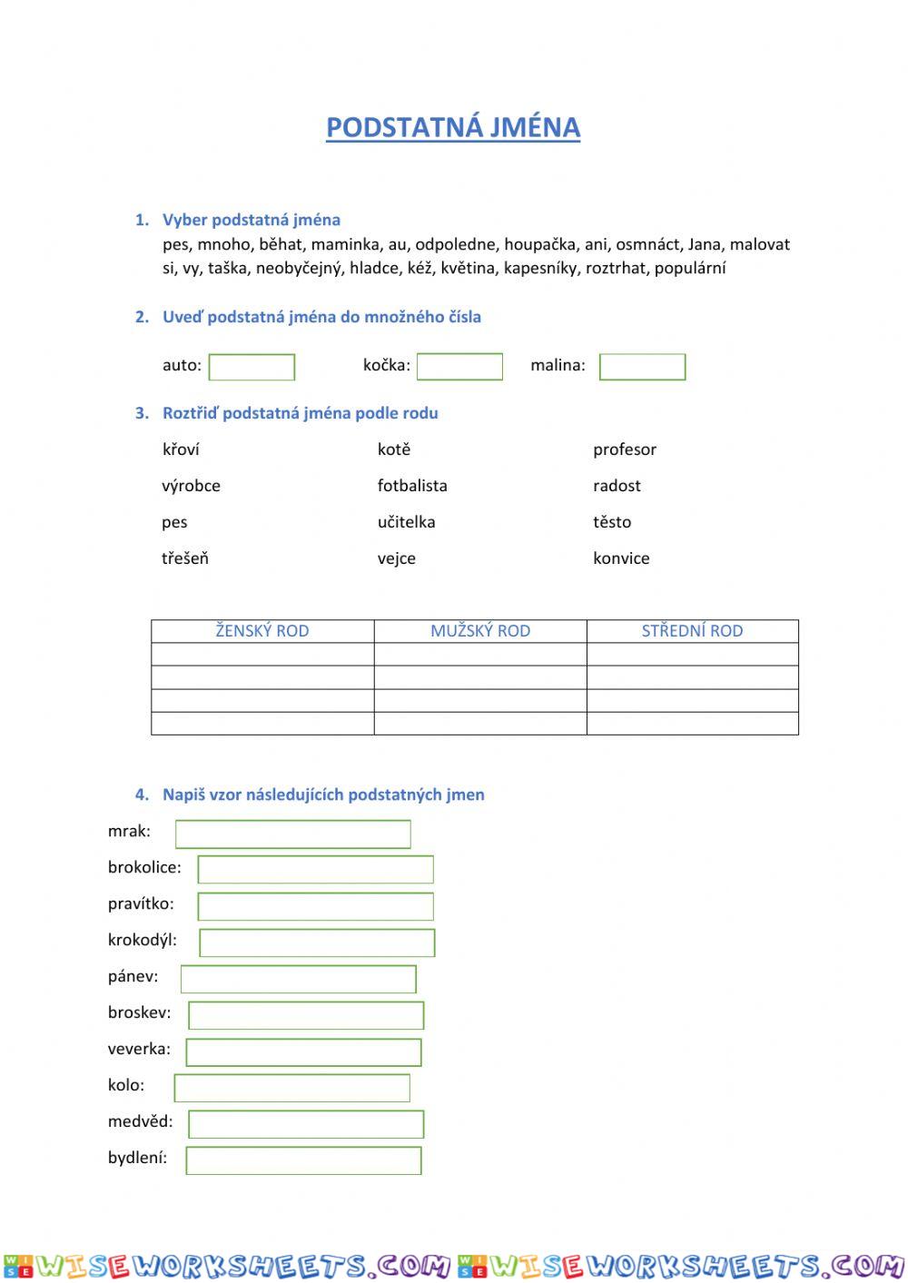 Pracovní list - Podstatná jména