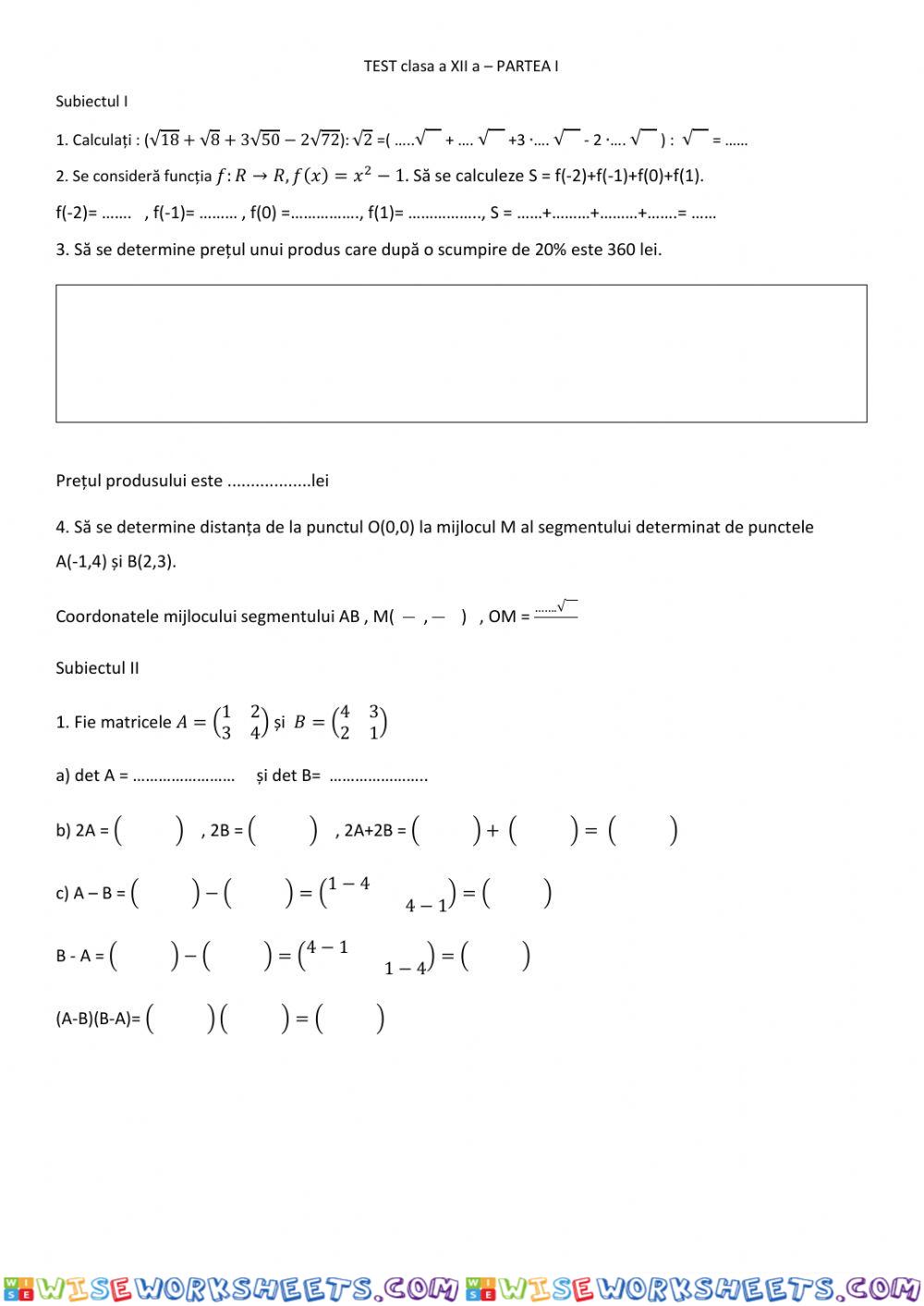 Test clasa a XII -a partea I