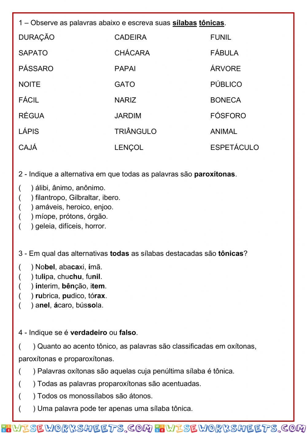 Sílabas tônicas, Classificação, separação.