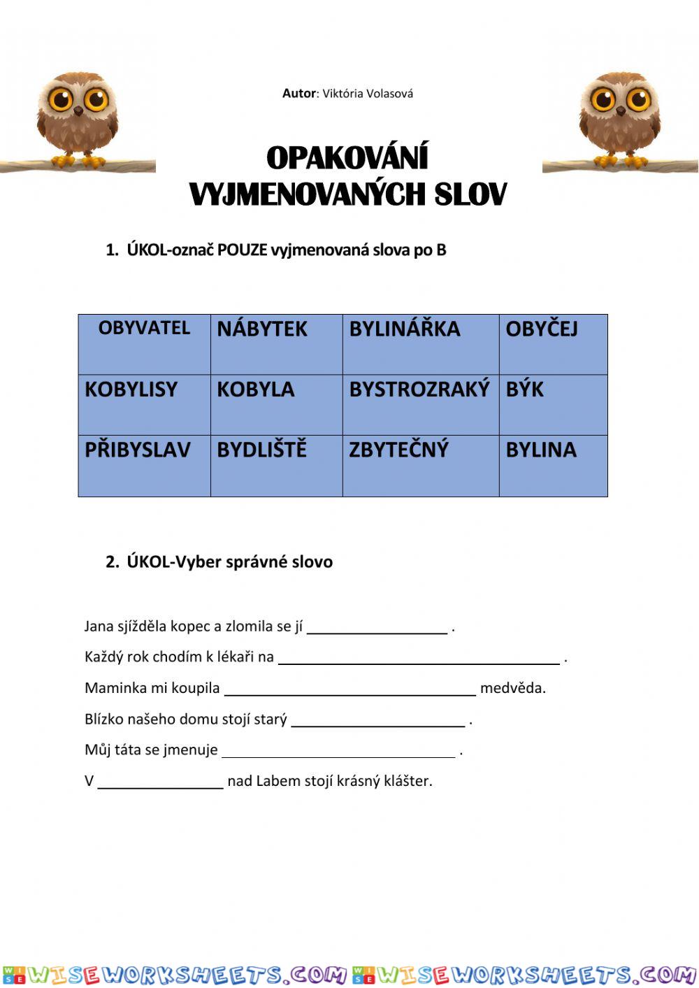 Pracovní list-Vyjmenovaná slova