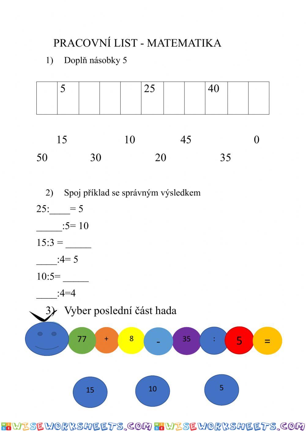 Pracovní list - Matematika