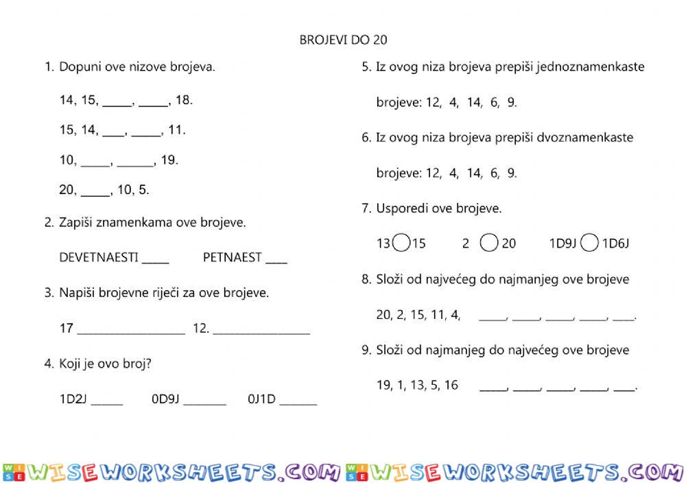 Brojevi do 20-vježba
