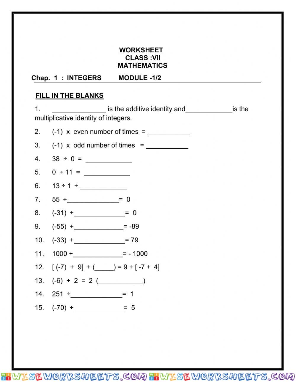 Integers Grade 7