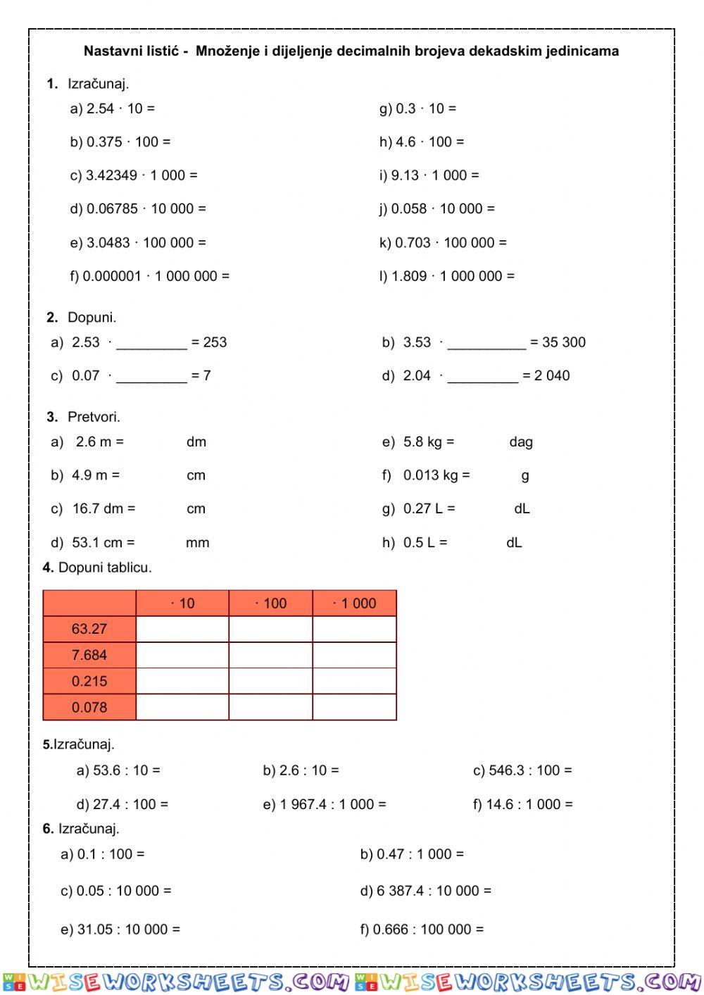 Nastavni listić - Množenje i dijeljenje dekadskim jedinicama