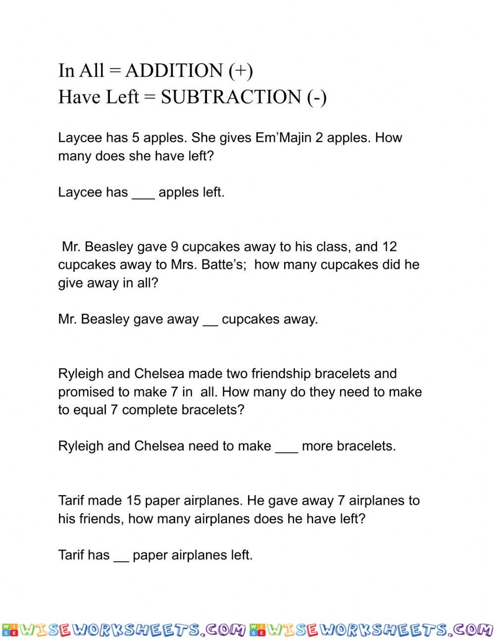 Word Problem Addition and Subtraction
