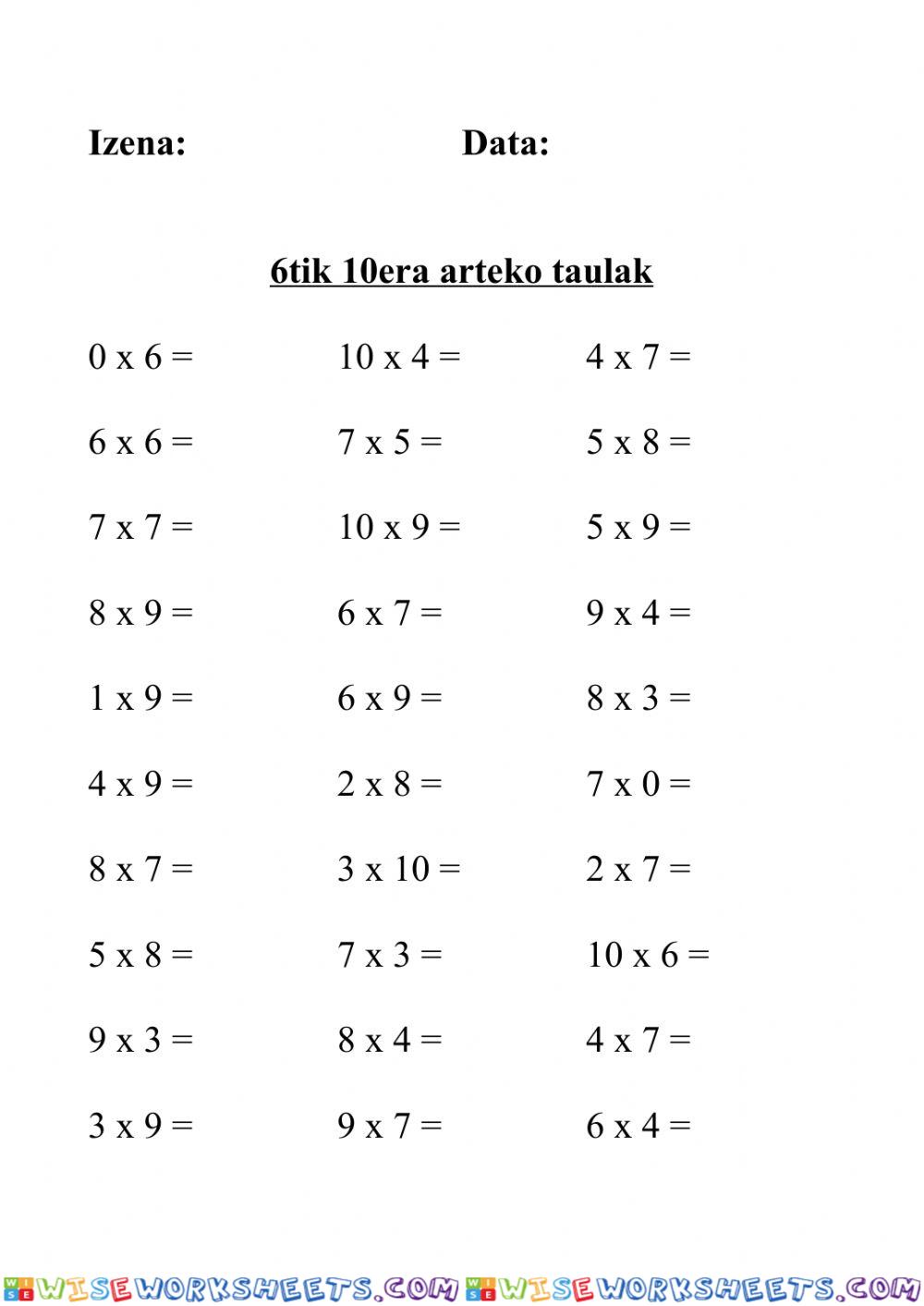 6tik 10era arteko taulak