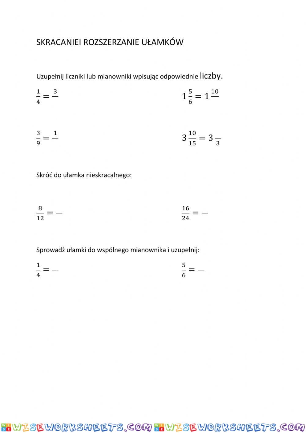 Skracanie i rozszerzanie ułamków, zadanie domowe
