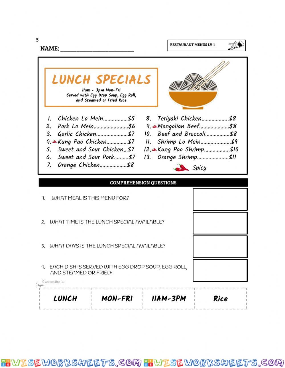 Lunch Specials - Low Level