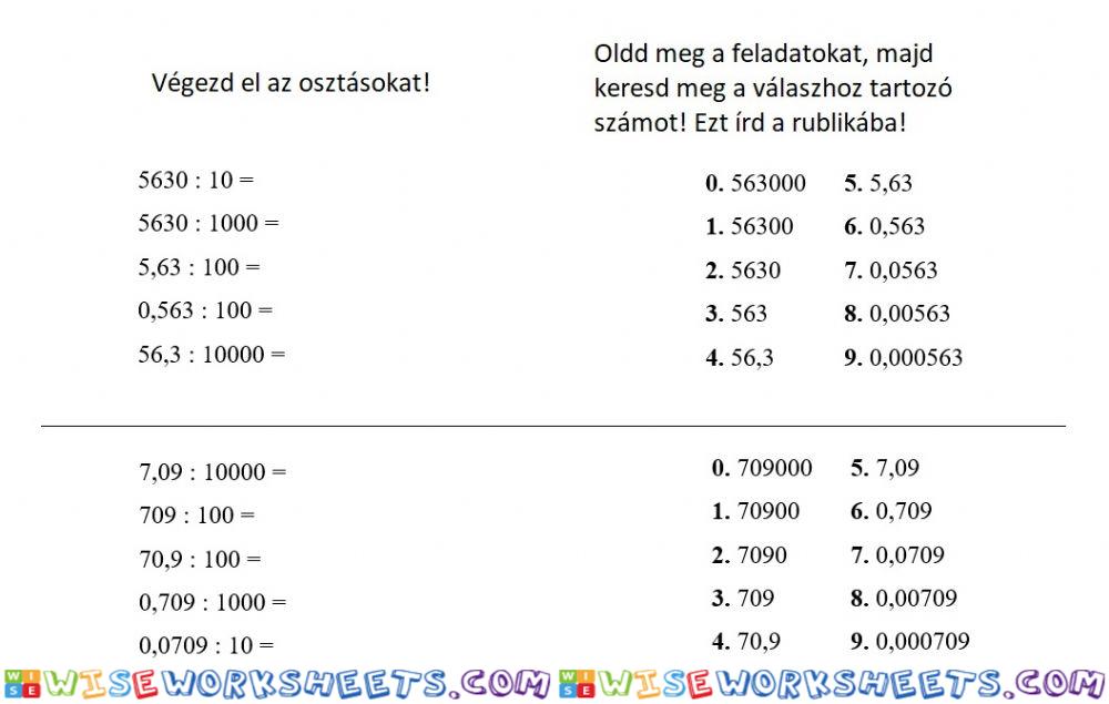 Tizedes tört osztása 10