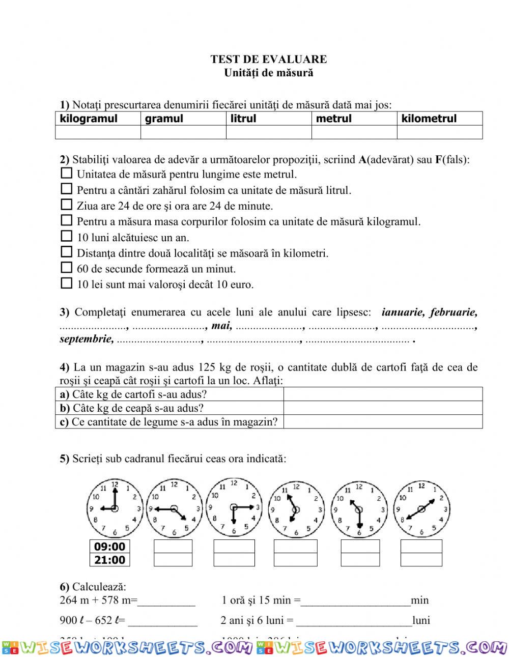 Unități de măsură-test de evaluare