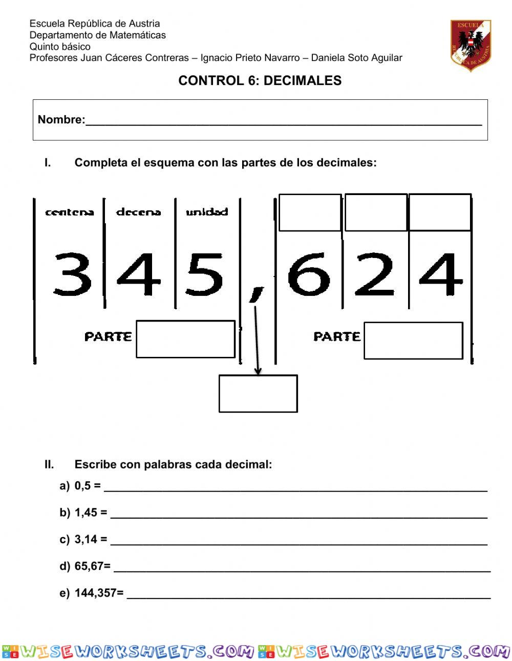 Evaluacion decimales 5°