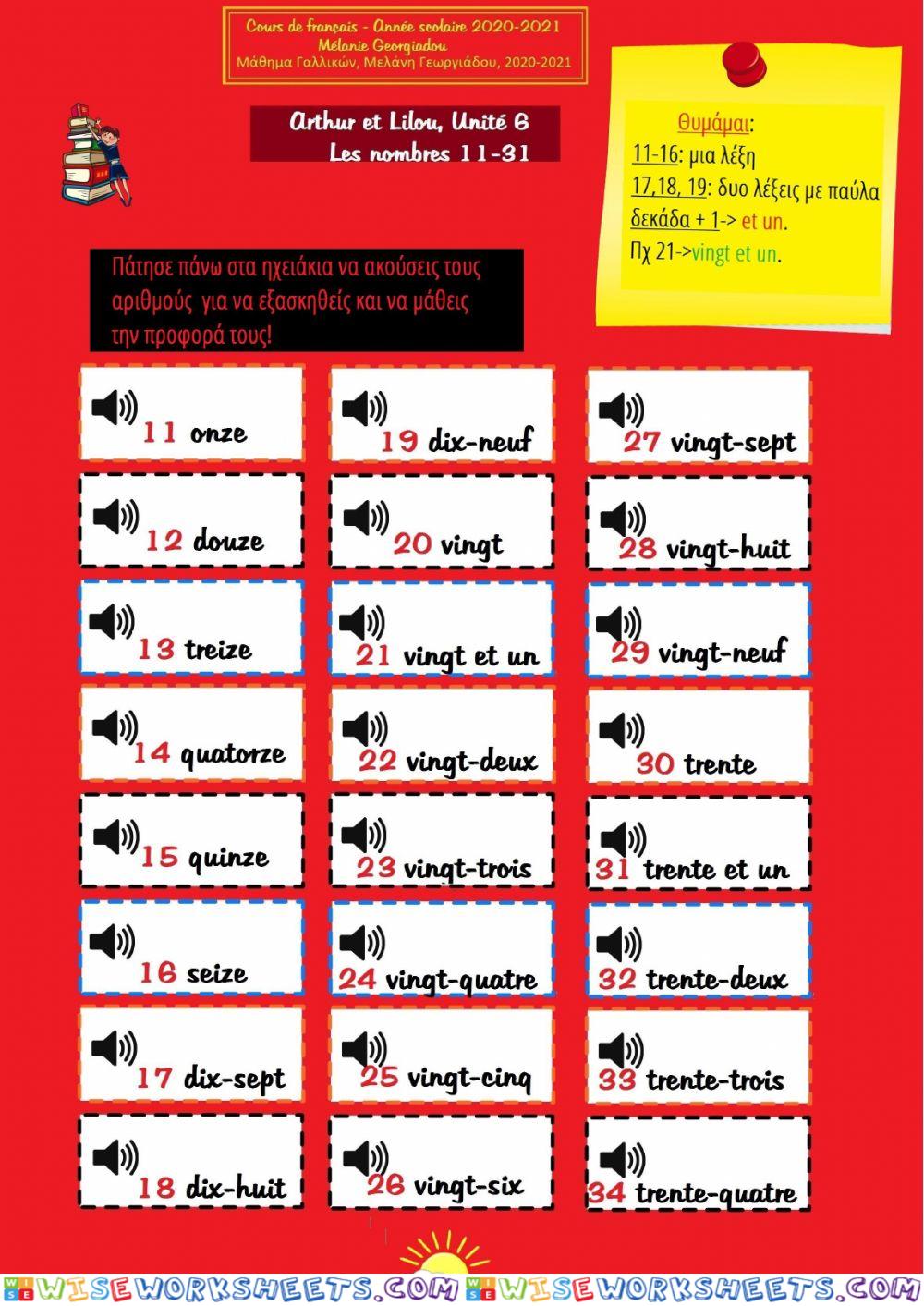 Les nombres 11-31 oral