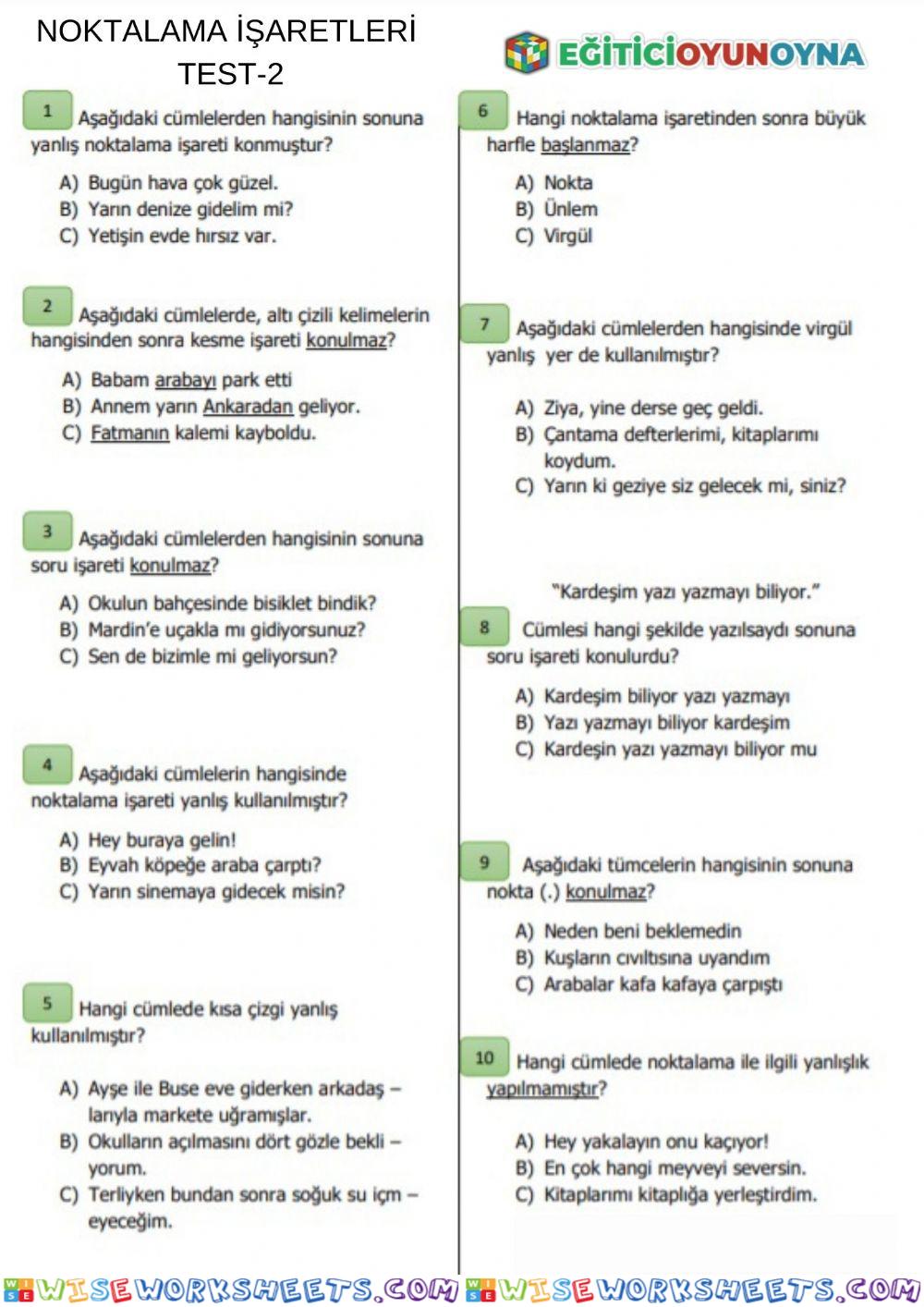 2. Sınıflar Türkçe Noktalama İşaretleri 1