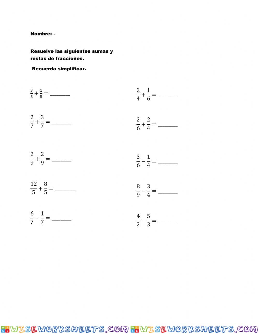 Suma y resta de fracciones Worksheet Online WiseWorksheets