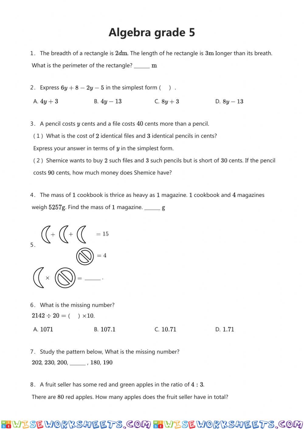 Algebra test Grade 5