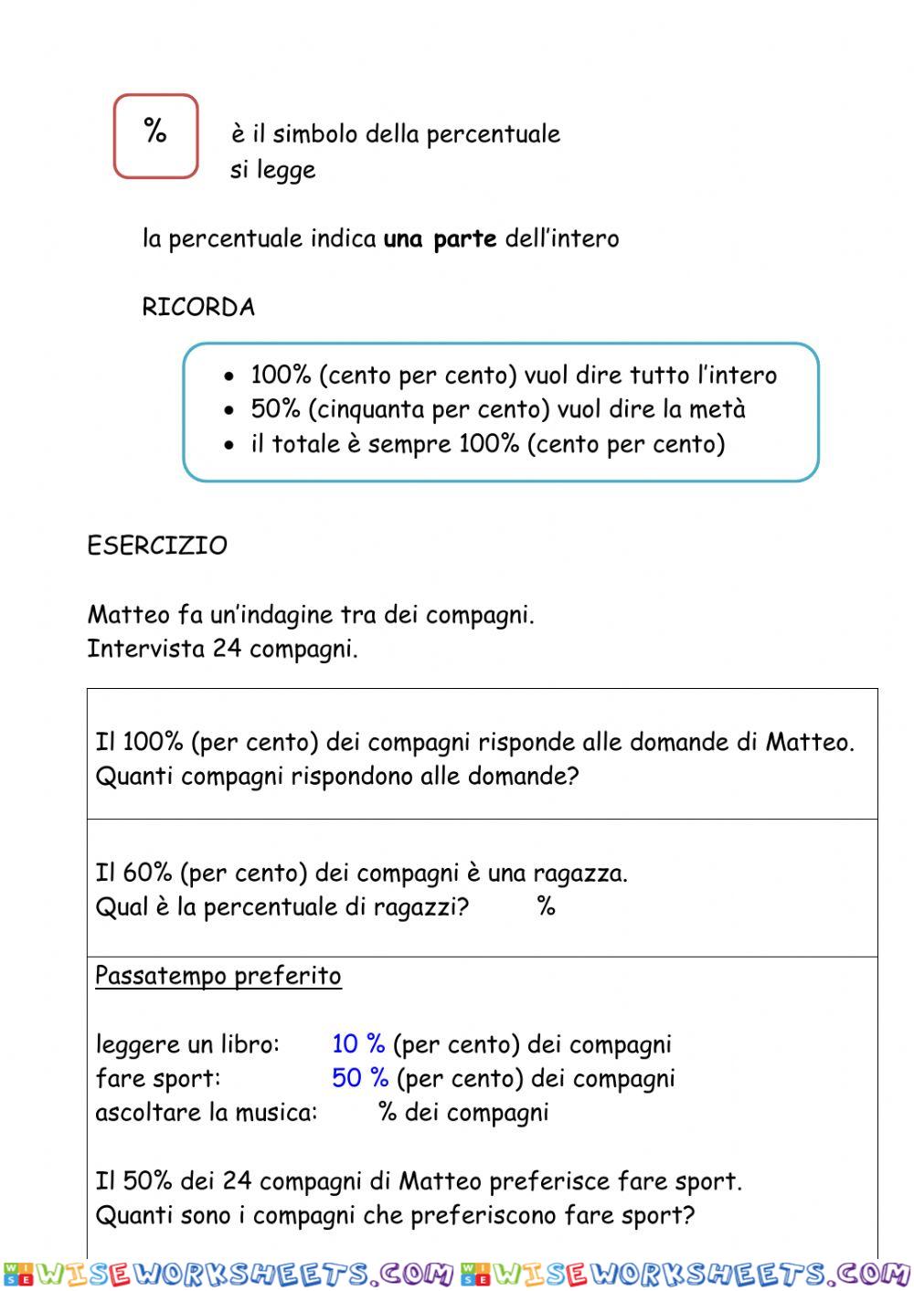 Percentuale esercizi