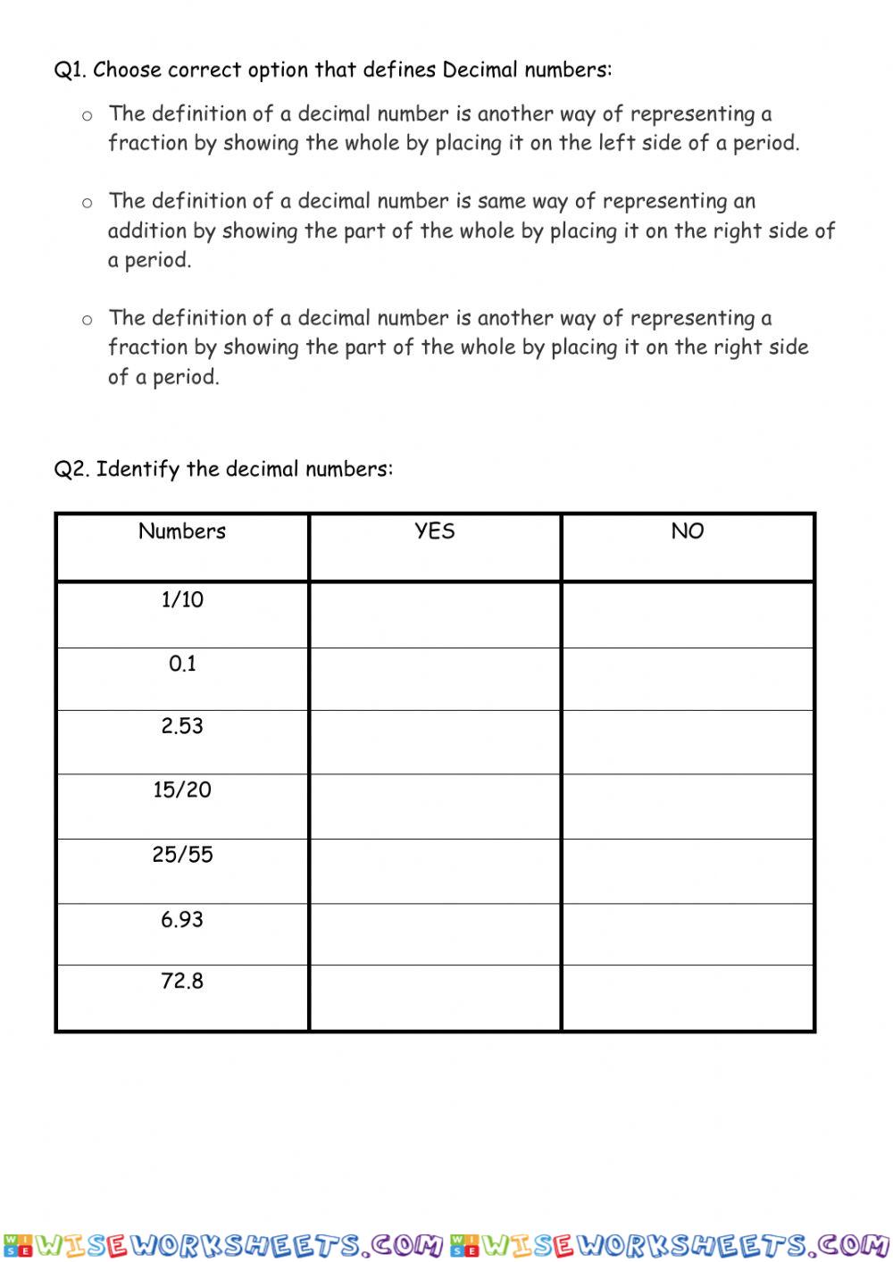 Identify Decimal numbers