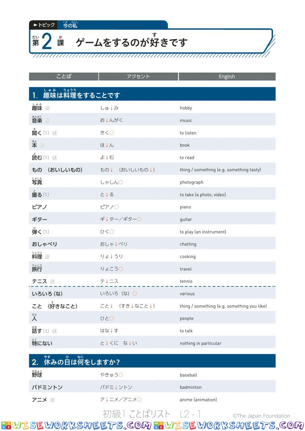 いろどり初級１-l2【ことばリスト・英語訳】