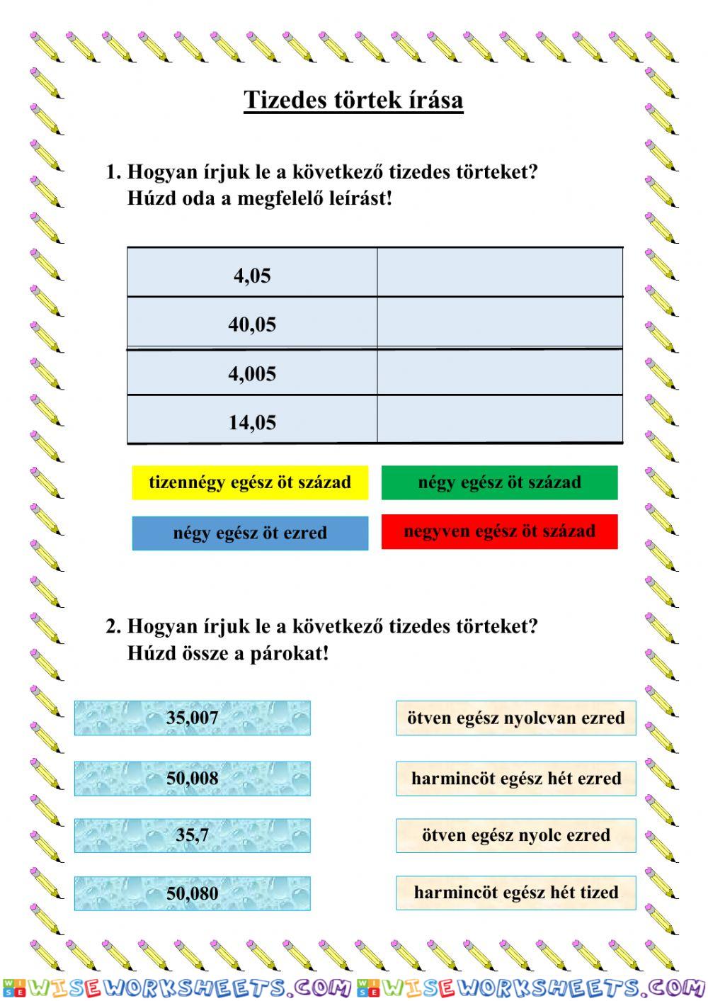 Tizedes törtek írása