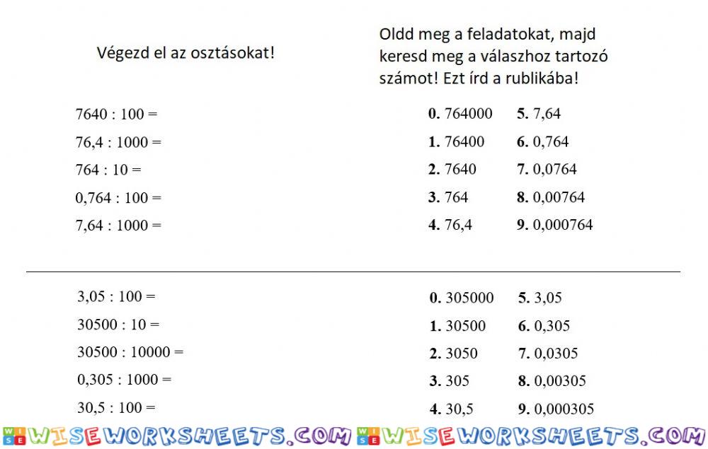 Tizedes tört osztása 10