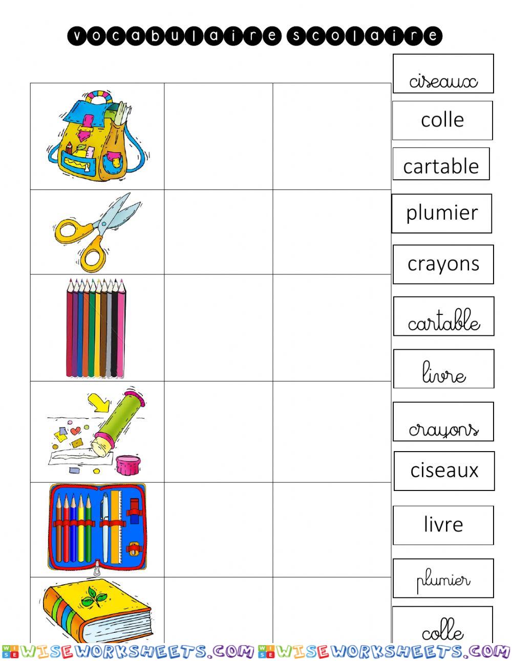 Le matériel scolaire - association mots et images