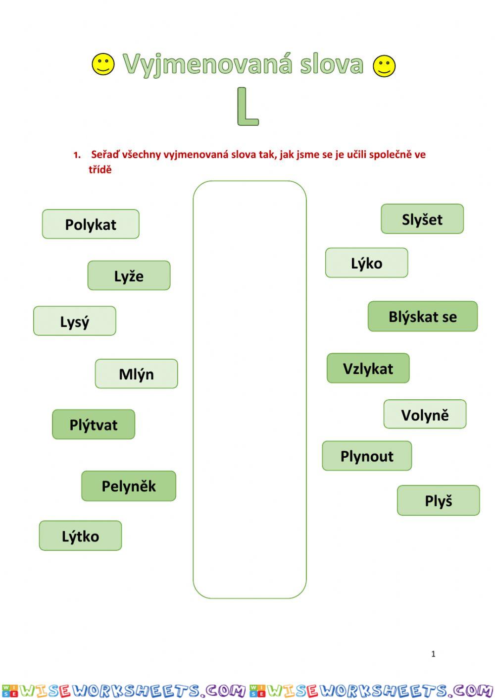 Pracovní list - vyjmenovaná slova po L