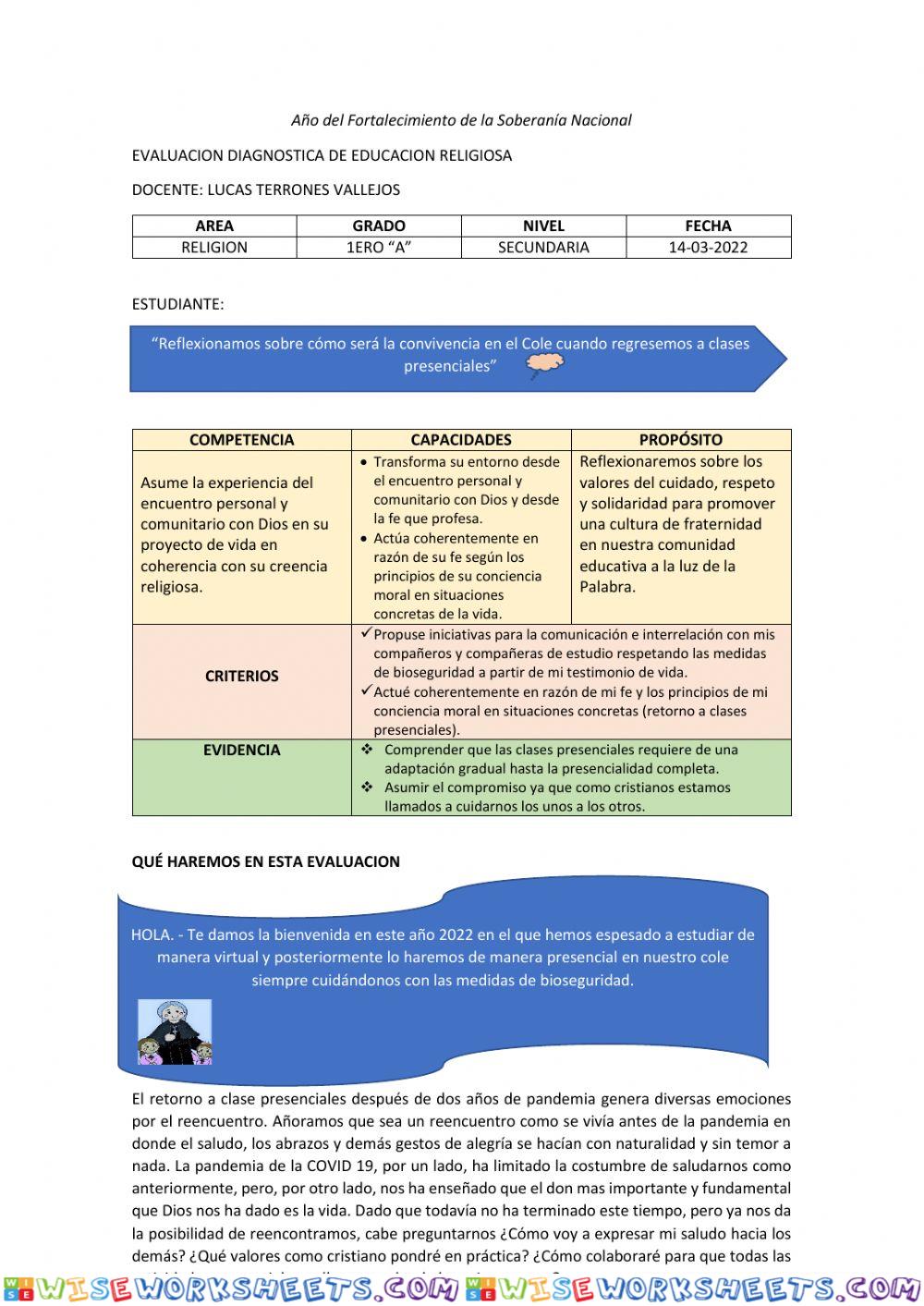 Evaluacion diagnostica 1er año a