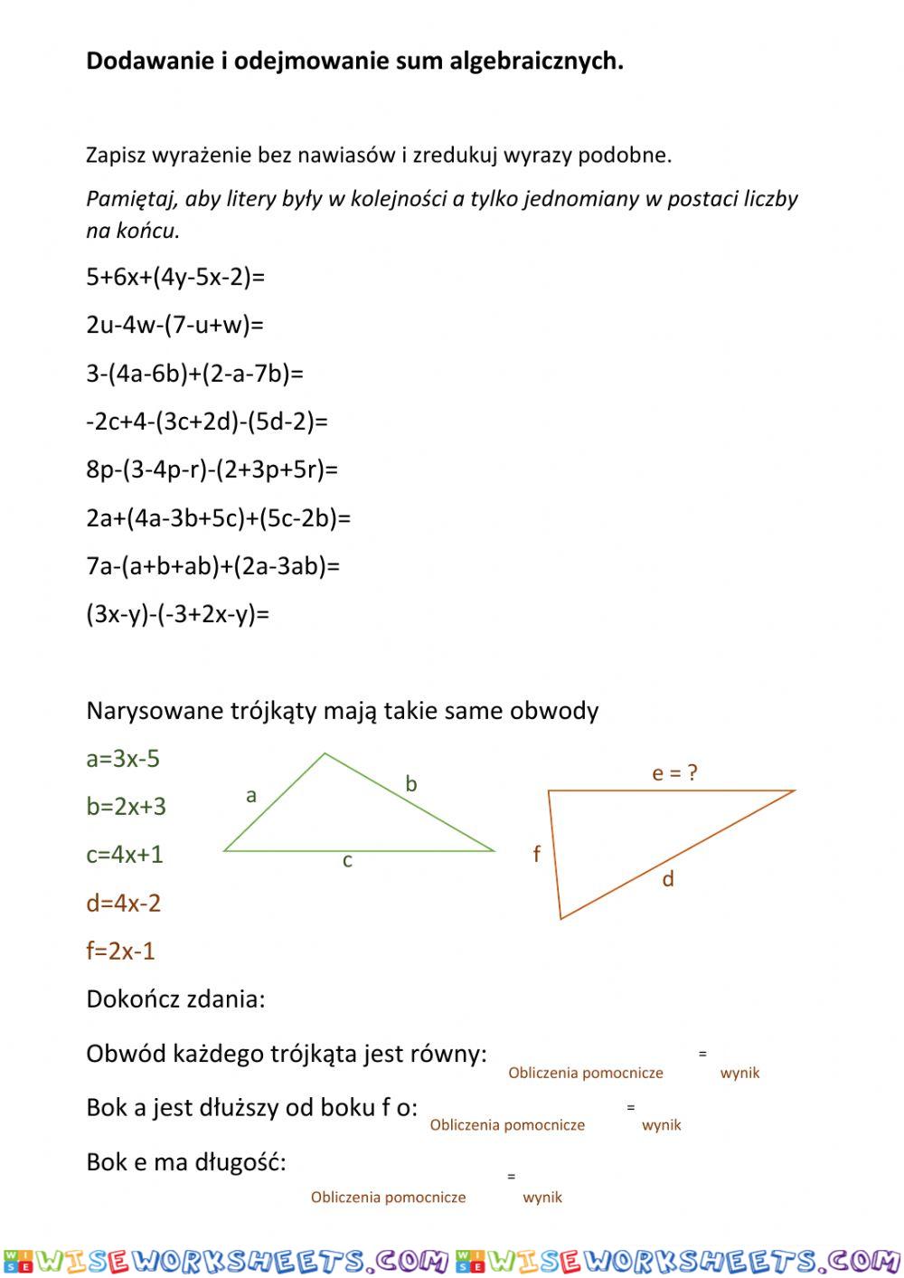 Dodawanie i odejmowanie sum algebraicznych