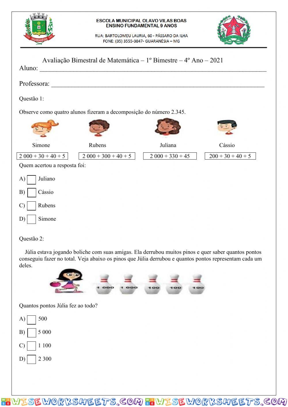 Avaliação de Matemática