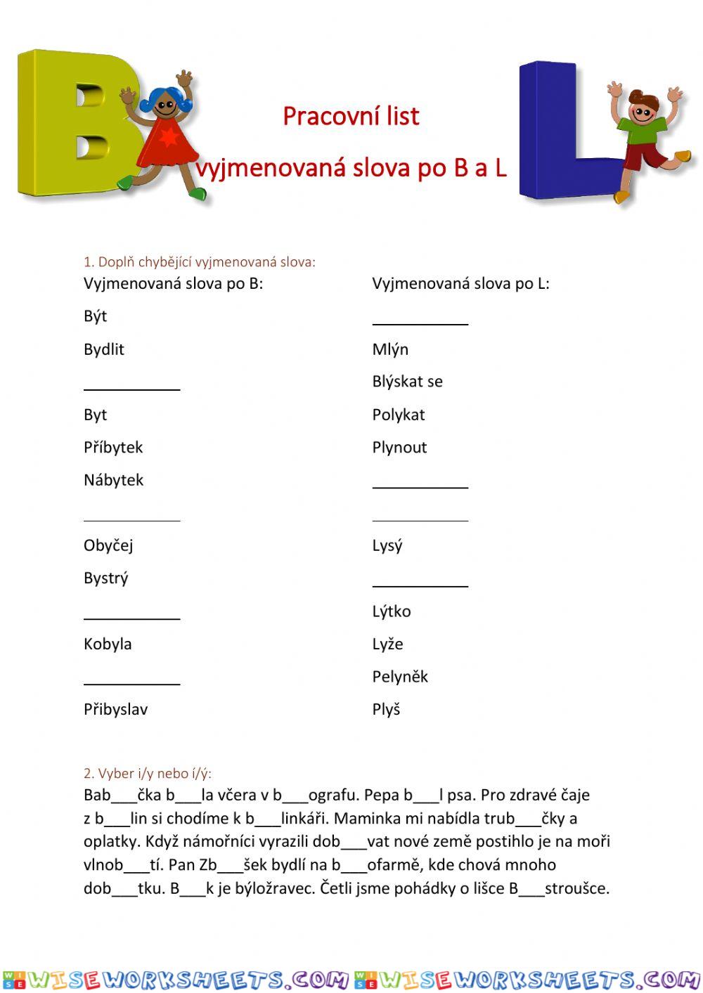 Pracovní list - vyjmenovaná slova po B a L