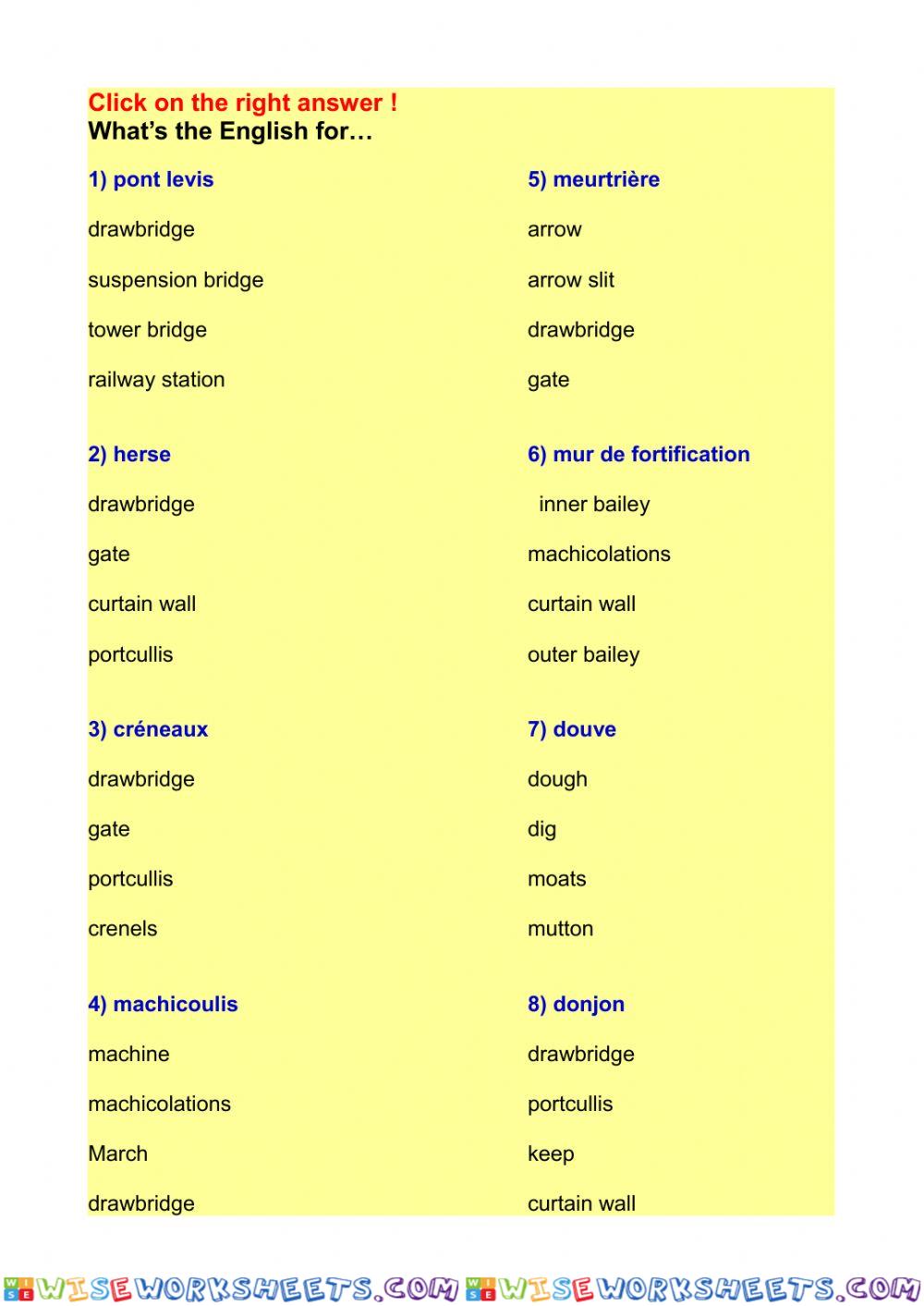 Medieval castles vocabulary