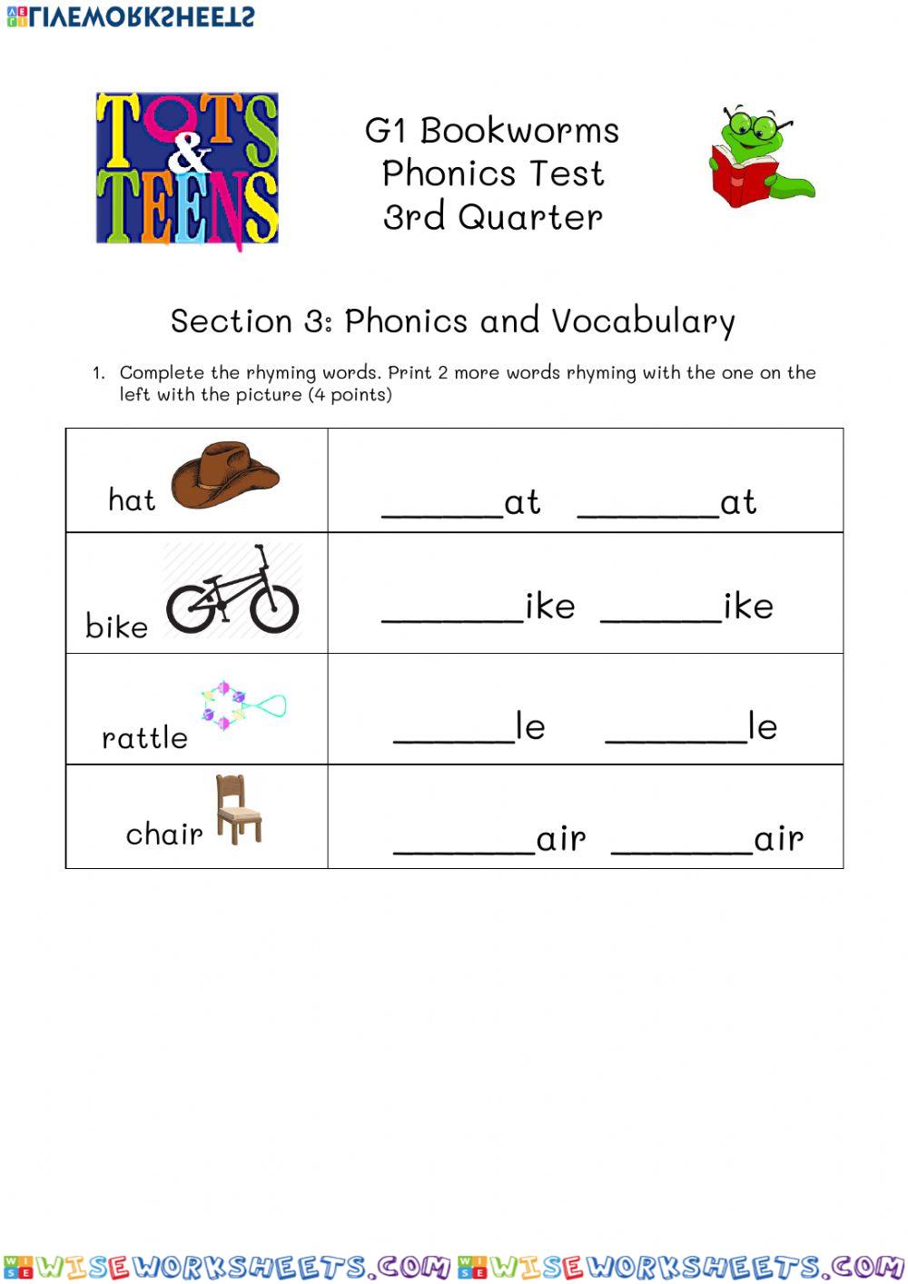 Phonics Test Bookworms April 30