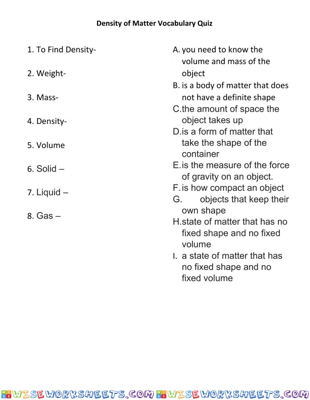 Density of Matter Vocabulary Quiz