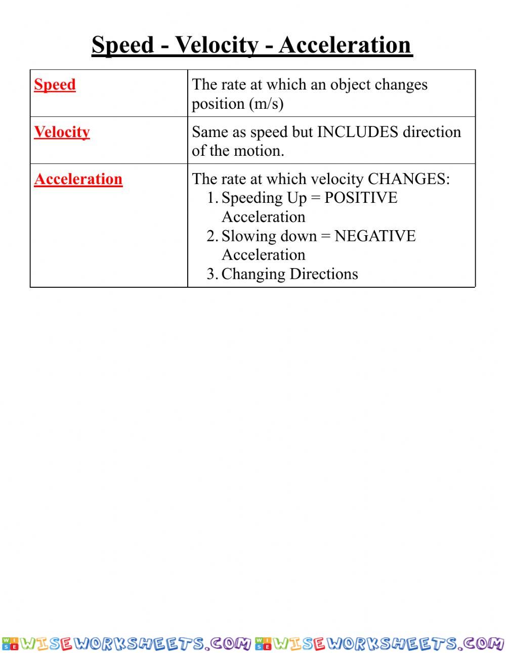 Speed - velocity - Acceleration