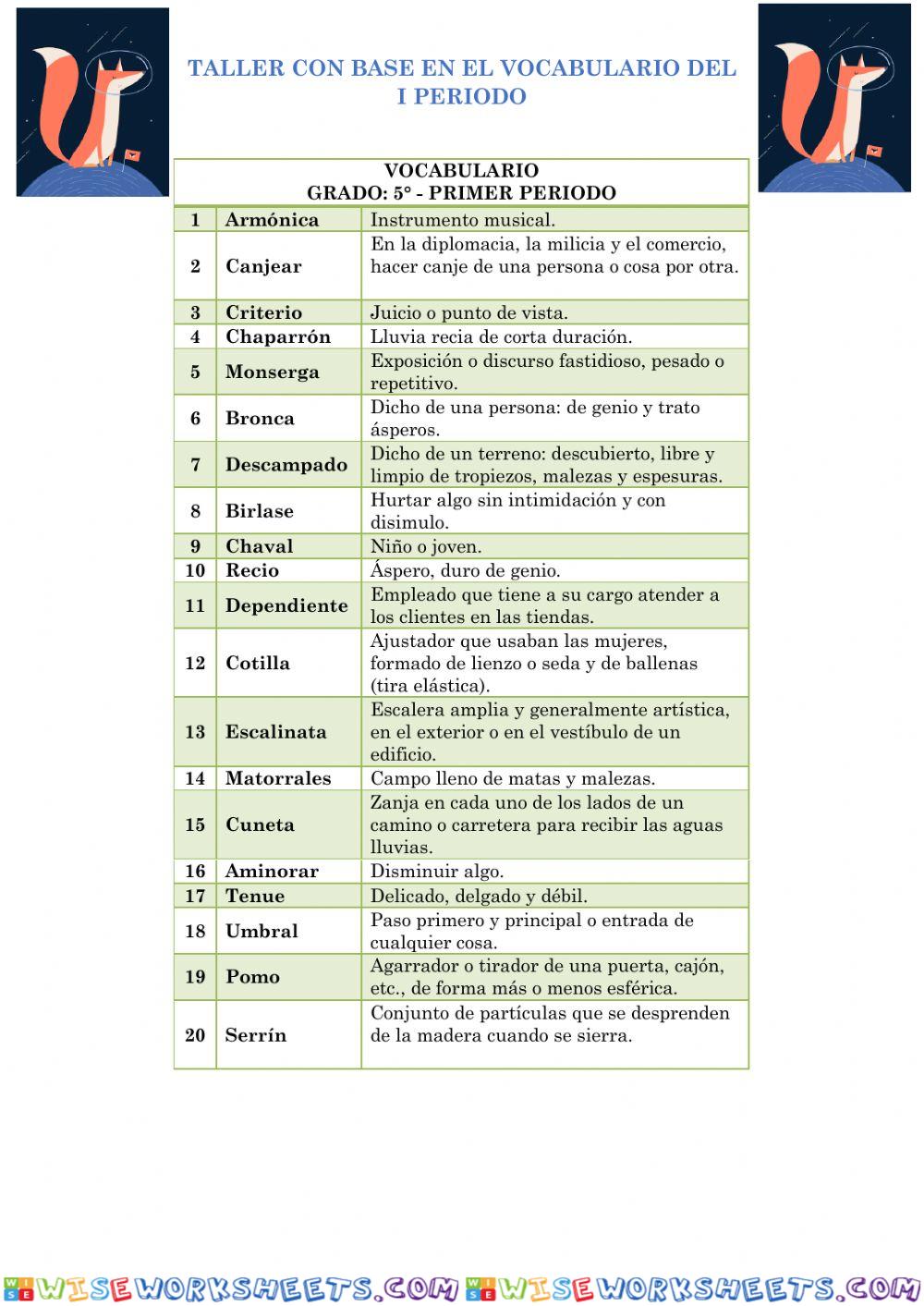 Vocabulario I periodo 5°