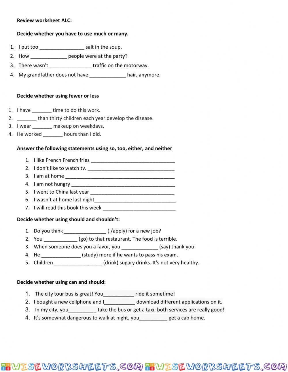 Review worksheet ALC