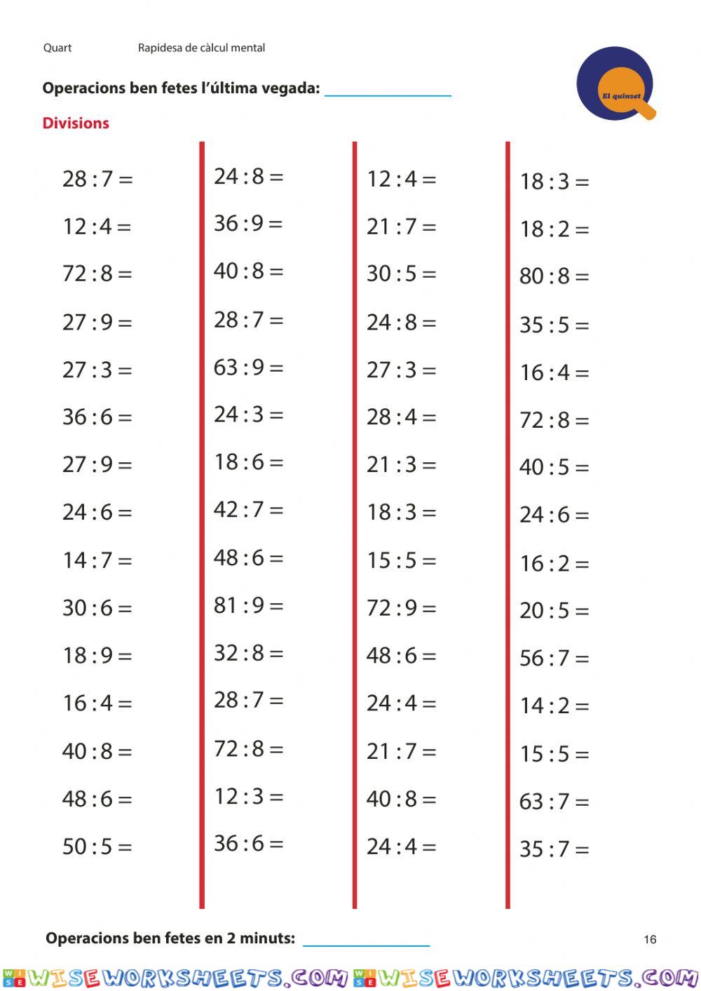 Càlcul ràpid divisions nivell 4t. Quinzet